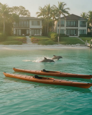 Two kayaks in turquoise water with dolphins swimming nearby, beachfront homes and palm trees in background